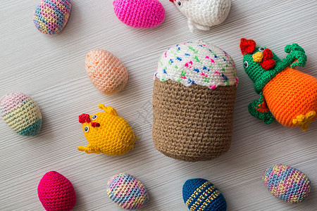 针织的复活节彩蛋 鸡 公鸡和复活节织物手工数字钩针木头创造力兔子羊毛传统篮子图片