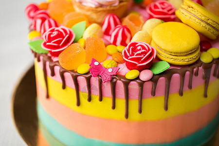 为孩子的生日聚会准备的五颜六色的蛋糕 包括棒棒糖 糖果 果酱 纸杯蛋糕和兔子酥皮软糖巧克力甜点玫瑰桌子礼物婴儿蓝色庆典图片