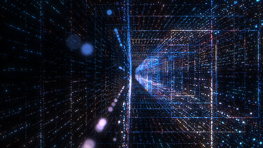飞入数字技术隧道中网络矩阵蓝色速度运动激光粒子代码活力背景图片