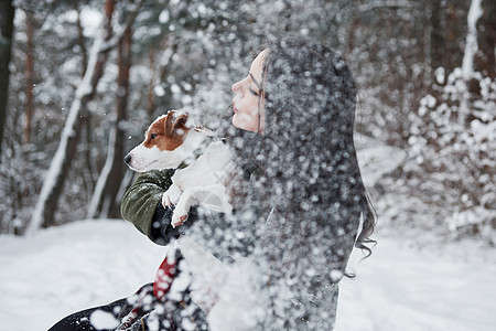 下雪了 在冬天公园和她的狗一起散步时 笑着的黑发美女玩得开心背景图片