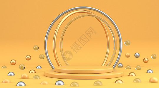 金色圆环3D产品示范品的圆环和球组构成背景