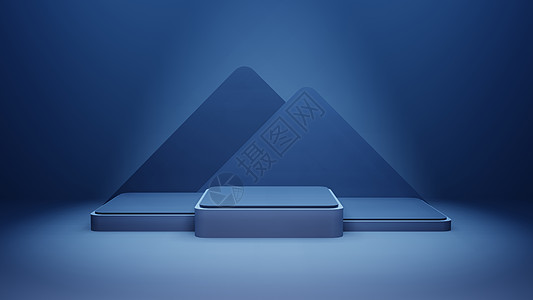最小的舞台模型 深蓝色方形底座 展示用的底座 空的产品展台 空白背景站 3d 渲染图背景图片