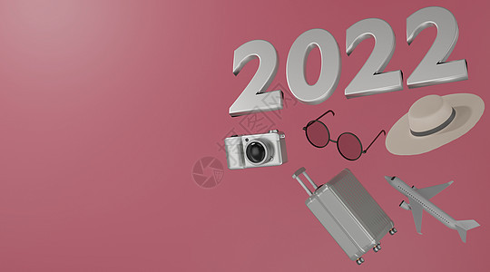3d 渲染 2022 旅行概念手提箱相机飞机帽和粉红色背景太阳镜插图手提箱小样工具航班飞机场电话旅游3d黑色图片