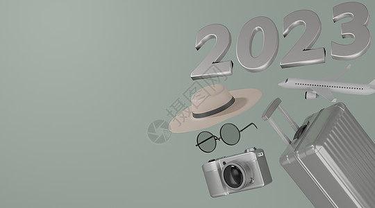 3d 2022年旅行概念手提箱相机飞机帽和灰色底墨镜图片