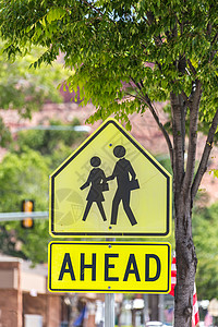 十字路口标志 反对美国小镇的绿树运输危险孩子们行人街道信号警告执照交通反光图片