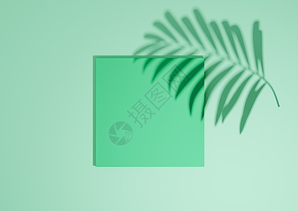 明亮的绿松石绿色 3D 渲染最小 简单的顶视图平躺产品展示背景 带有一个讲台架和棕榈叶阴影 用于自然产品背景图片