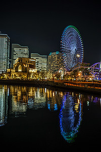 办公室夜间禁光灯夜景摩天大楼建筑夜空展示摩天轮建筑群城市反射海洋图片