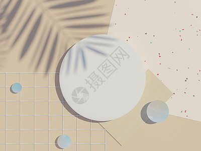 3d 渲染白色空白圆筒框架的顶视图 用于模拟和展示带有棕榈叶阴影 大地色调和水磨石墙背景的产品 创意理念装饰房间化妆品圆柱帆布横图片