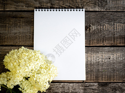 白色空白笔记本和花束花 在古代中精细紫色香兰花图片
