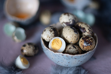 在陶瓷花瓶中的蛋 桌上的灰羽子 东方静止的生命花束熟食面包鸟类饮食美食餐巾团体早餐蛋壳图片