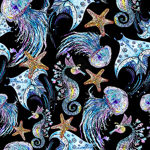 海水颜色和墨墨水制成的海动物模式水彩艺术纺织品海星绘画海蜇织物装饰品海马草图图片