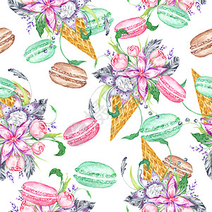 花卉冰淇淋和马卡龙水彩图案纺织品奶油生日手绘墙纸艺术绘画面包草图风格图片