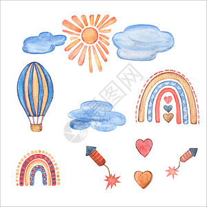 在天空水彩剪贴画飞翔 儿童木制玩具 热气球 彩虹 克洛德 太阳 心 烟花 苗圃手绘艺术装饰 宝贝男孩 孤立在白色背景上的插图图片