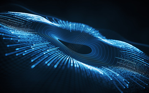 网络空间 有亮波线 3D投影渲染蓝色辉光漩涡网格流动科学中心数据圆圈图片