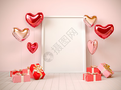 粉色心形气球内地有蜜色 配有礼品 心形气球和框架 情人节 3D插图背景