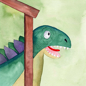 绿色恐龙在楼梯上 卡通特兰诺萨 水彩色绿底图示图片