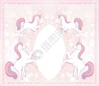 与可爱的独角兽装饰架 在美丽的艺术粉红花岗背景上图片