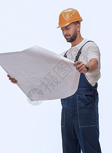 能够胜任的工头建筑设计器 查看绘图 孤立于白色工作男性修理工工程师帽子维修草图幸福广告牌安全帽图片
