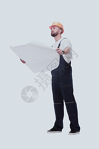 能够胜任的工头建筑设计器 查看绘图 孤立于白色草图工程师工作服安全帽劳动者帽子图纸男性男人工人图片