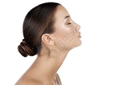 长颈长脖子的漂亮女人 白背景被孤立女士卫生福利温泉化妆品手指皮肤保健治疗程序图片