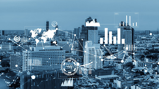 商业数据分析界面在智能城市上空飞过 显示改变的未来资源市场经济动画片客户关系货币电脑监视器工程运动图片