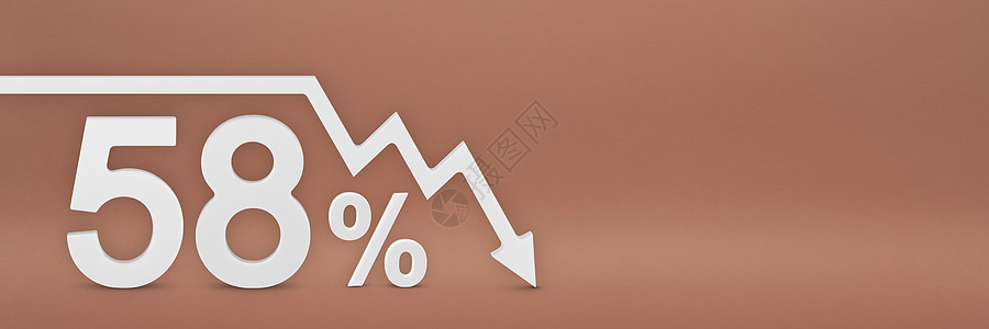 百分之五十八 图表上的箭头指向下方 股市崩盘 熊市 通货膨胀 经济崩溃 股票崩溃 3d 横幅 红色背景上的 58% 折扣标志图片