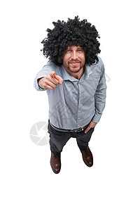 顶部视图 戴假发的快乐男人看着相机企业家漫画头发经理卷曲职业工人商务发型幸福图片