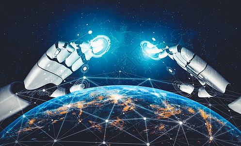 空间大数据AI 机器人机器人或机器人的未来人工智能和机器学习技术5g社交网络男人机器商务学习通讯云计算手臂背景