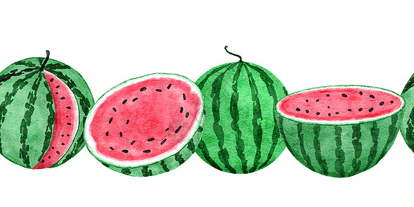 水彩手画出无缝的横向边界 有红绿西瓜 夏季水果种子切片 植物素食健康食品框架 热带丛林假期概念 在树林度假时条纹包装织物甜点装饰图片