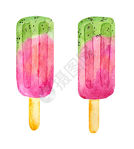 水彩手绘插图的两个粉红色绿色红色水果冰棒冰淇淋 猕猴桃西瓜浆果甜点 甜美可口的健康食品 夏季菜单街头咖啡馆 冷冻果汁糖衣图片