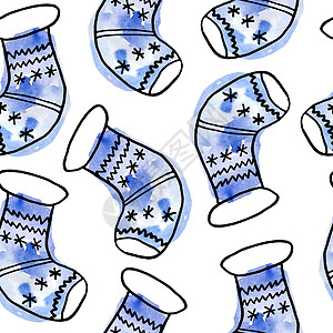 水彩无缝手画图案 圣诞节新年装饰品和白色背景的袜子蓝绿绿绿色 现代卡通风格现代黑面线潮流当代冬季12月设计图片