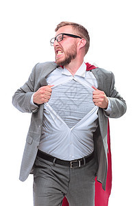 穿着超级超级英雄Cape的单身商务人士撕破了他的衬衫男人胸部英雄力量套装帮助人士解决方案员工男性图片