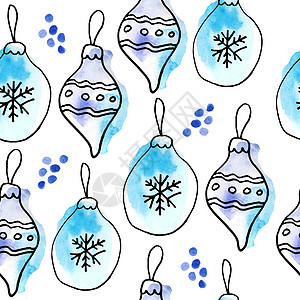水彩无缝手画图案与圣诞新年装饰品球一样 白色背景的蓝色绿宝石 现代卡通风格现代黑面线潮流当代冬季12月设计模式图片