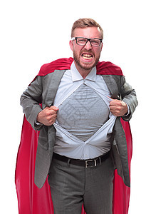 超级商务人士把他的衬衫撕脱了 孤立在白色上戏服力量人士经理胸部员工解决方案领导活力超级英雄图片