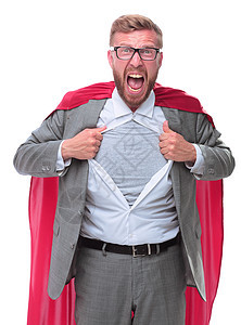 超级商务人士把他的衬衫撕脱了 孤立在白色上员工商务领导勇气披风戏服解决方案活力超级英雄男人图片