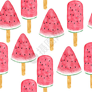 西瓜冰淇淋果 红色绿色热带食物 明亮的暑假背景 水彩手画出无缝模式 具有几何元素的多汁纤维天然植物设计图片