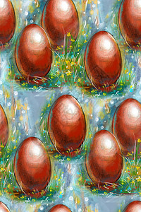 无缝模式 草坪上的红复活节鸡蛋 以复活节的主题画水彩色图片
