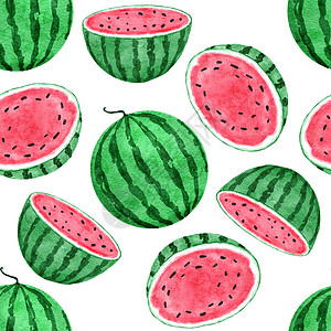 水彩手绘无缝图案与西瓜水果 红色绿色热带食品 明亮的暑假背景 多汁的新鲜天然植物设计与几何元素甜点条纹插图纺织品食物冰淇淋丛林打图片