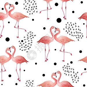 粉红色火烈鸟的无缝图案与黑色时尚的当代背景 恋爱中的浪漫情侣 热带异国情调的鸟玫瑰火烈鸟 水彩手绘动物插图 现代鸟类纺织品图片