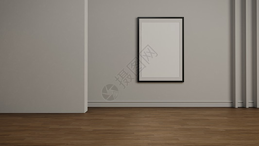 在木制地板上用轻墙模拟绘画或相框 3D 插图图片