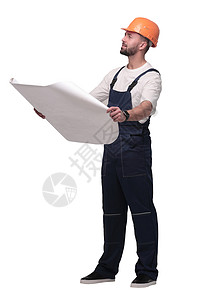 能够胜任的工头建筑设计器 查看绘图 孤立于白色承包商图纸安全帽服务工作服工程师修理工劳动者幸福领班图片