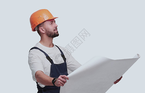 能够胜任的工头建筑设计器 查看绘图 孤立于白色工人安全广告牌服务帽子草图修理工男性工作头盔图片