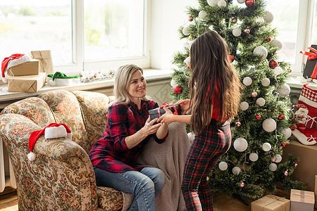 小女孩和她妈妈在家里装饰圣诞树的  是的女孩女儿乐趣女性装潢衣服假期母亲壁炉毛衣图片