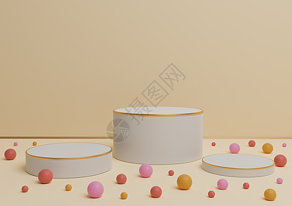 三个讲台的浅米色 柔和橙色 3D 渲染产品展示 带有金色线条和彩色大理石 用于产品展示或背景奢侈品或有趣的糖果背景图片