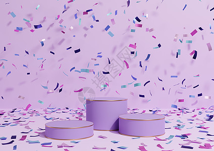 淡淡的 柔和的 淡紫色的 3D 渲染产品展示三个讲台站着五颜六色的五彩纸屑庆祝周年广告和奢侈品的金色线条简单 最小的背景图片
