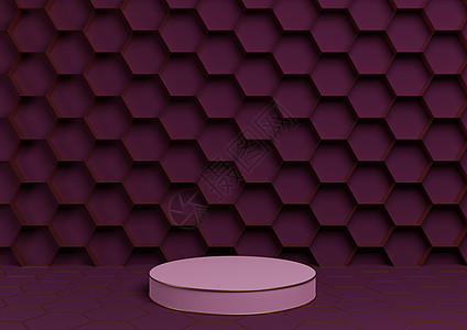 深洋红色 紫色 3D 渲染产品展示台豪华金色蜂窝抽象背景与圆柱支架最小 自然豪华蜂蜜产品的简单模板背景图片