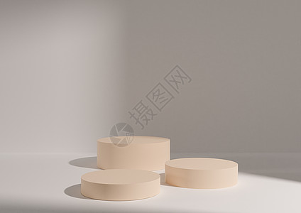 三个柔和 浅黄色的讲台或站在白色 浅灰色的背景上 用于产品展示 产品摄影 3D 渲染模型的最小构图 窗光来自右侧图片