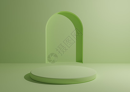 产品图单色光 用于产品广告和营销的面粉绿色讲台 三维工作室构成最小 有几何形状和圆台背景
