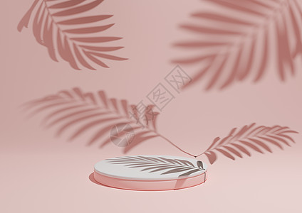 柔和 浅红色 鲑鱼粉色 简单 最小的产品展示组合背景的 3D 渲染 在自然产品的背景中带有 ont 讲台或展台和叶子阴影图片