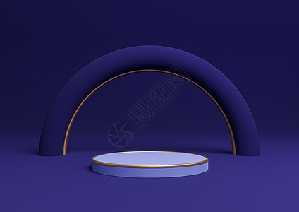 广告图深蓝色 3D 提供简单的产品显示圆柱式讲台或配有金线的极小成份 具有拱形几何和豪华光亮背景